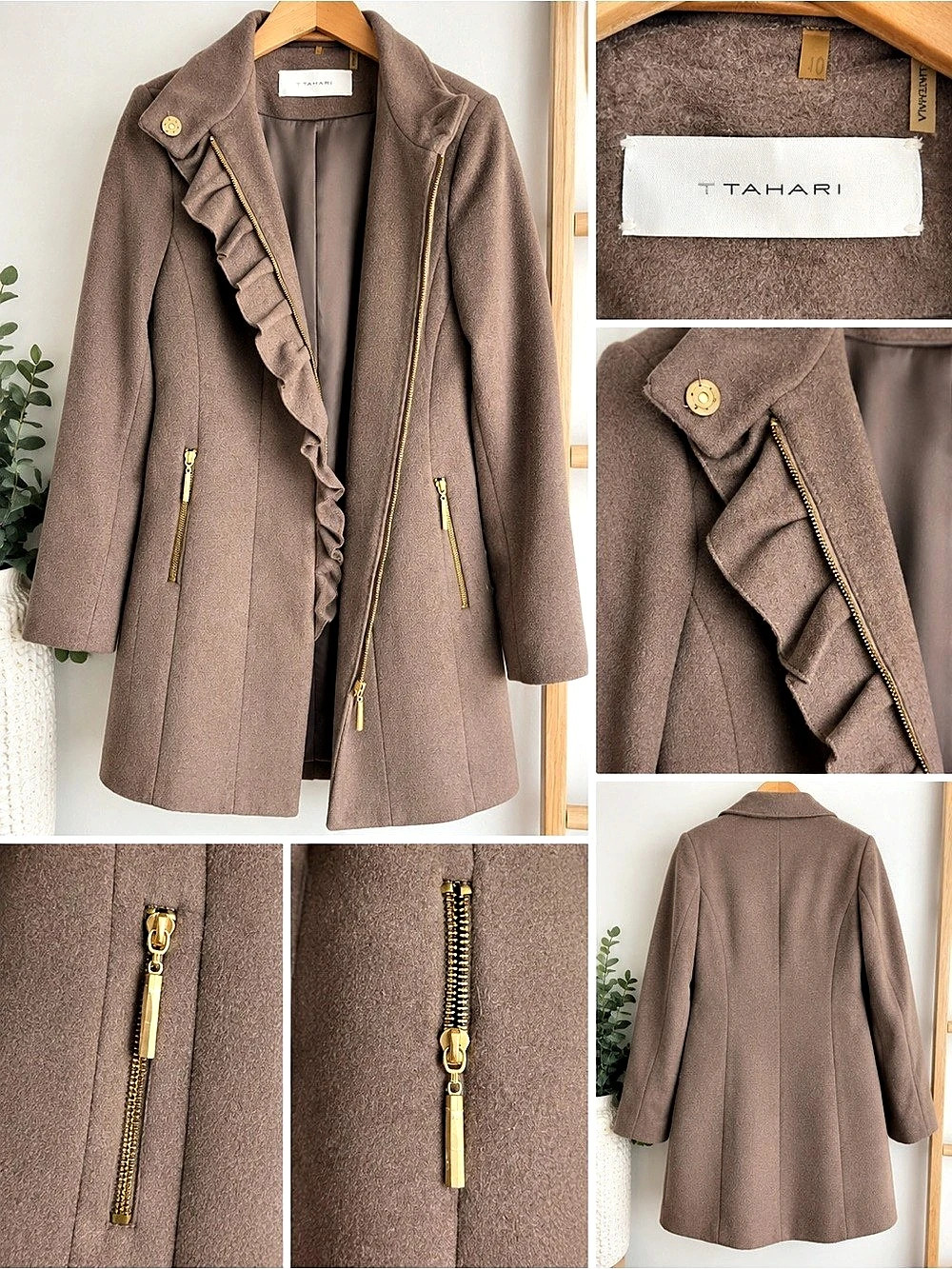 Tahari Ruffle Front Wool Blend Coat in Brown Size 10